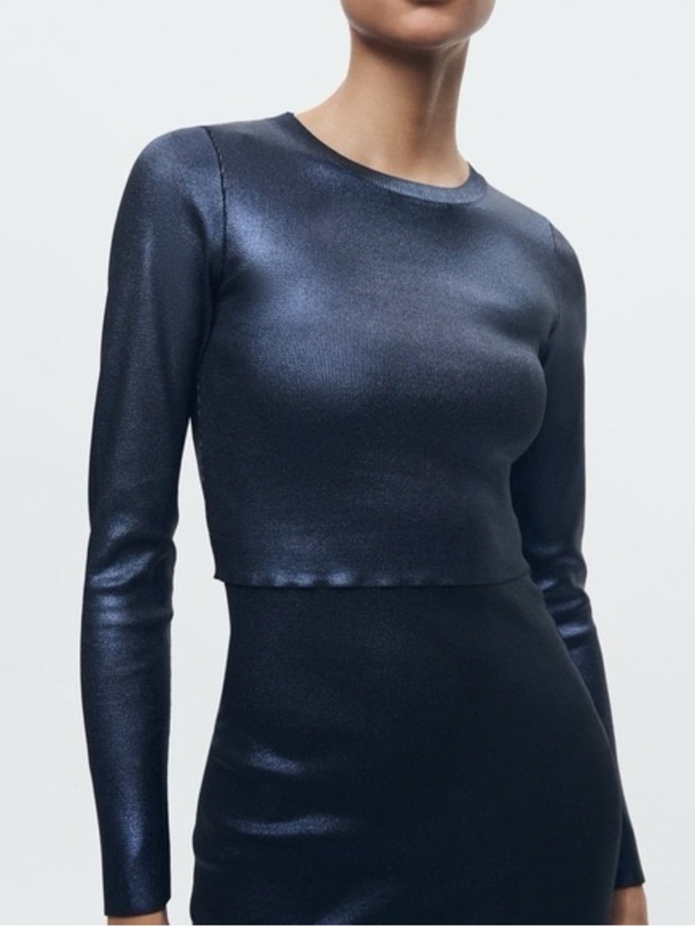 Zara Metallic Navy Long-Sleeve Crop Top